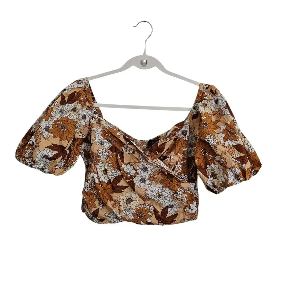 J. Crew Blouse Medium Brown Puff Short Sleeve Cotton Crop Top Zinnia Floral Boho